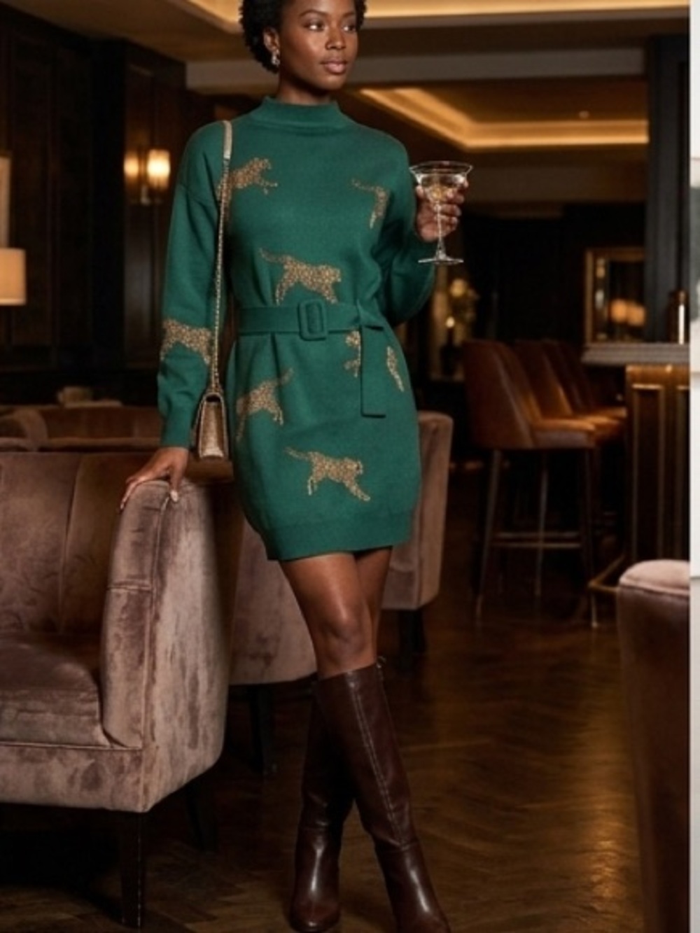 Blogger favorite Green Leopard Print Dress Belt Long Sleeve Knit Mini Chic Style